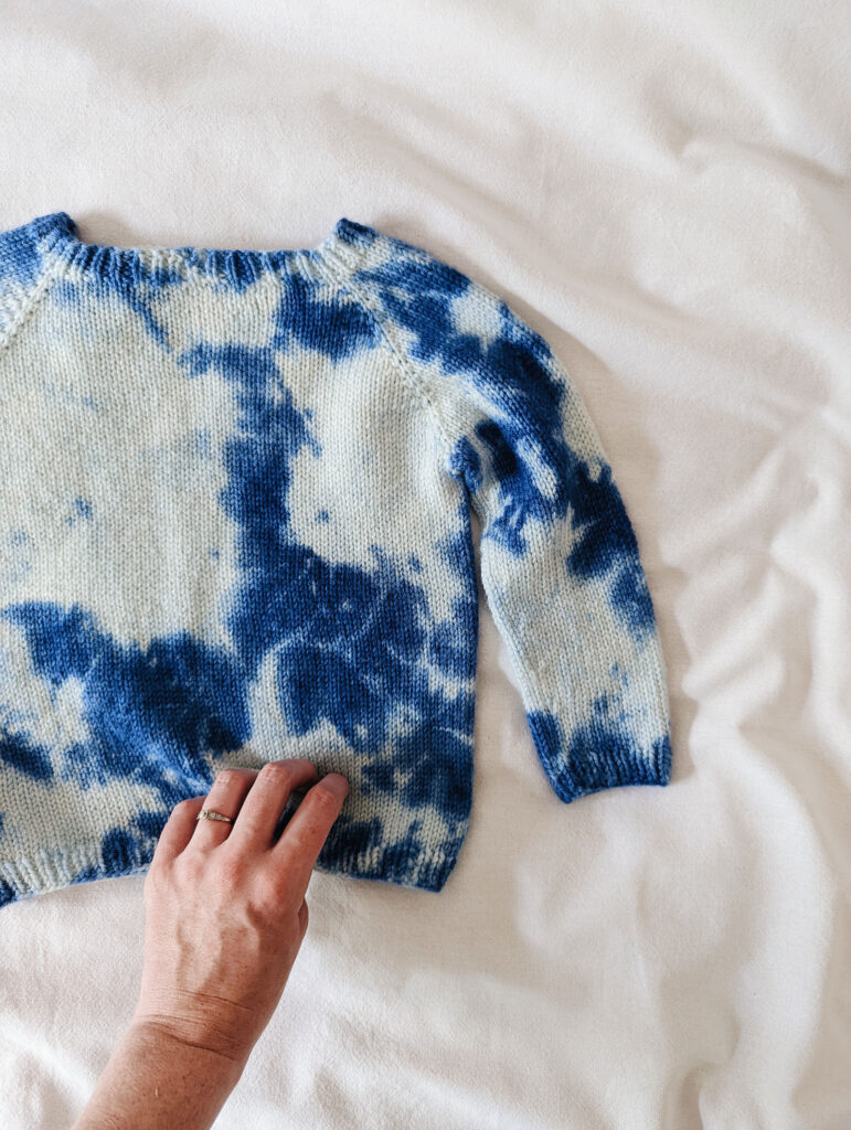 Blue and white tie-dyed hand knitted sweater by The Old Horizon