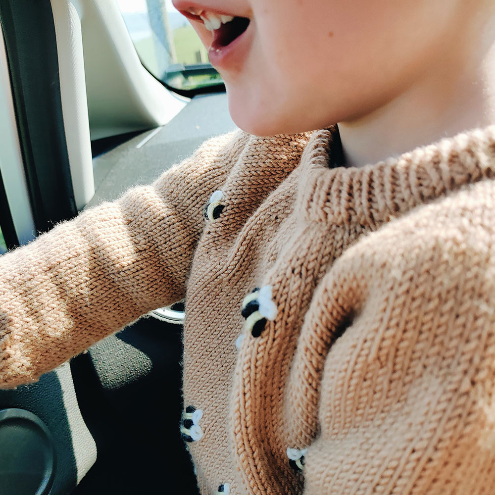 boy wearing embroidered bee knitted sweater