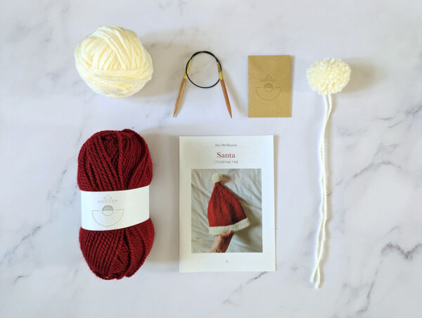 complete contents of the old horizon's santa hat knitting kit