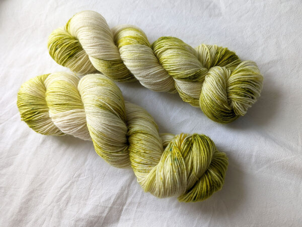 Two skeins of hand dyed yarn in fingering weight in olive green
